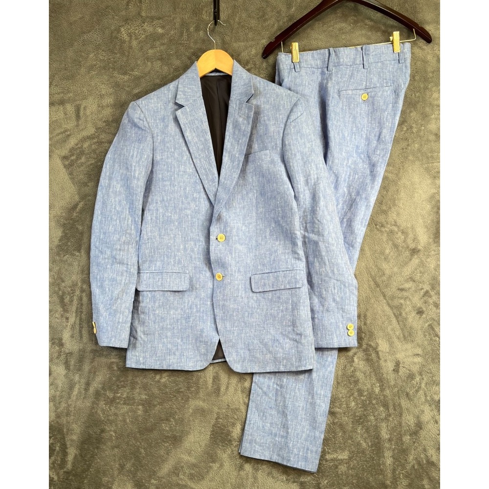 Studio Suits 2pc Linen Suit Bespoke Light Blue 34S 32x32 Wedding Minimalist
